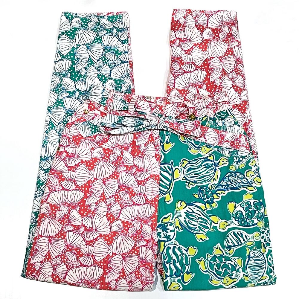 VTG Lilly Pulitzer 8 Pant White Label Turtle Shell Lined Pink Green Belt Pockets